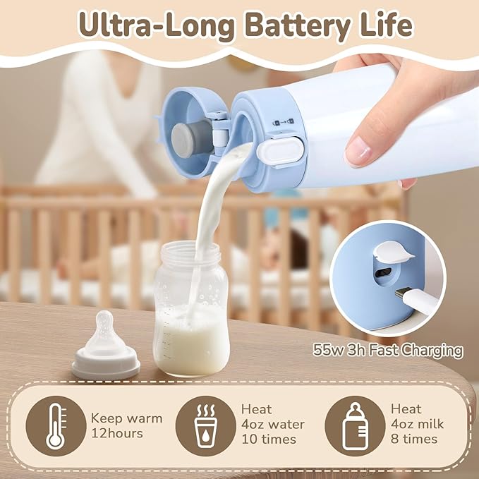 BEBOAN Portable Bottle Warmer for Travel On The Go, Portable Milk Warmer 5-Temp Setting with Lock 12oz Large Capacity, Cordless for Heating Breast Milk Charging with 55w Charger to Get Fast Charging-CubbioJoy