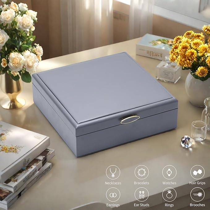 2-layer jewelry box，Jewelry Organizer with Handle，with hanging necklace hooks, detachable jewelry trays, suitable for storing a large amount of jewelry gift box (Large-Grey)-CubbioJoy