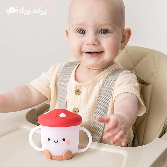 Itzy Ritzy Toddler Snack Cup - Spill-Proof Snack Cup for Toddlers with Soft Silicone Lid for Easy Food Access - Easy-To-Hold Kids Snacks Container With Handles - Ideal for 12 months & Up (Mushroom)-CubbioJoy