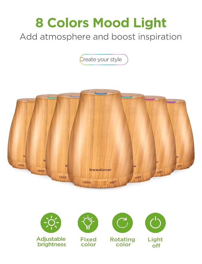 InnoGear Essential Oil Diffuser with Oils, 100ml Aromatherapy Diffuser with 6 Essential Oils Set, Aroma Cool Mist Humidifier Gift Set, Yellow Wood Grain-CubbioJoy
