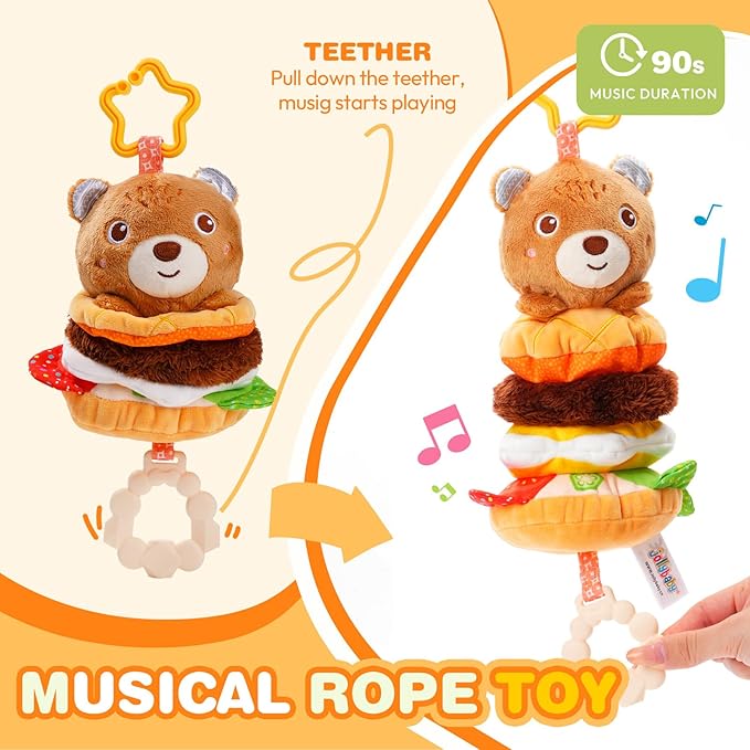 Jollybaby Baby Musical Pull String Hanging Toys for Stroller Car Seat Crib Play Gym, Plush Stuffed Hamburg Bear Toy for Carseat with Music Teether Crinkle, Sensory Toy for 0-6-12-18 Months Baby Gifts-CubbioJoy