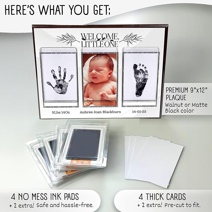 Baby Hand and Footprint Kit with Photo & Birth Details, Inkless Hand and Footprint Kit, Newborn Keepsake Plaque, Baby Shower Gifts (STYLE 1 (Fully Personalized) (Welcome Little One))-CubbioJoy