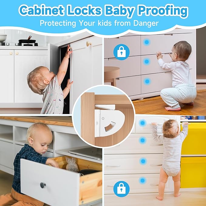4 Pack Magnetic Cabinet Locks for Child Safety, Drawer Locks Baby Proofing, Magnetic Door Safety Locks for Cabinets and Drawers, Easy Installation No Tools Required (4 Pack and 1 Keys)-CubbioJoy