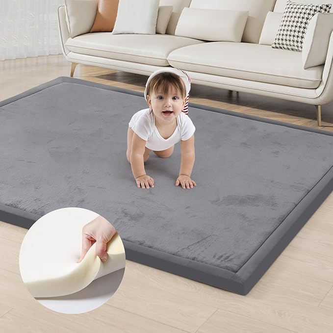 ACOMOPACK Baby Play Mat for Floor 1.3" Thick Memory Foam Play Mat 59"×71" Tummy Time Crawling with Non-Slip Bottom for Living Room,Nursery,Soft Velvet Playpen Mats for Kids,Infants（Dark Grey）-CubbioJoy