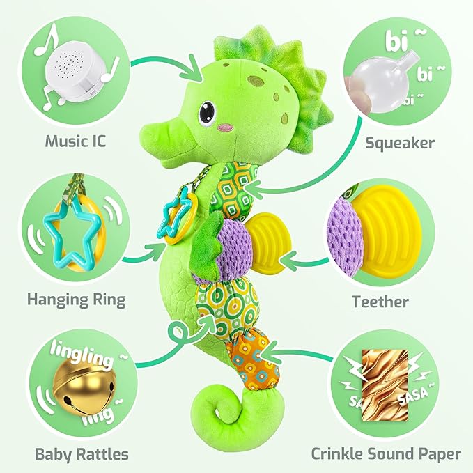 Sumobaby Infant Baby Musical Stuffed Animal Activity Soft Toys with Multi-Sensory Crinkle, Rattle and Textures, for Tummy Time Newborn 0-3-6-12 Months Boys, Girls, Seahorses, Green-CubbioJoy