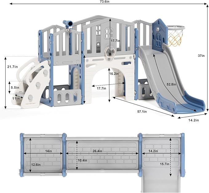 8 in 1 Toddler Slide Set, Kids Slide for Toddlers Age 1-3, Toddler Climber Slide PlaySet with Basketball Hoop and Ball, Outdoor Indoor Kids Playground for Toddlers 1-3, Blue Grey-CubbioJoy