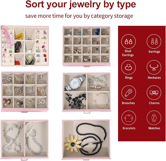 BOOVO Jewelry Box For women, 6 Layer Large Jewelry Organizer With Mirror, Multi-Function Storage Box With Lock, Accessory Holder With 5 Drawers, For Earrings Necklace Ring Bracelet (Pink)-CubbioJoy