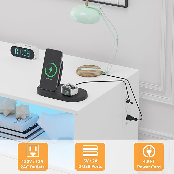 Changing Table Dresser with Drawers, Baby Dresser with Changing Table Top, Power Outlet, LED Light & Metal Feet, Diaper Changing Station Nursery Organizer for Infants Newborn, White-CubbioJoy