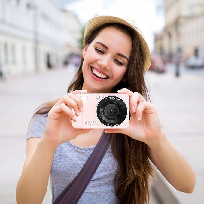 Digital Camera, 4K 64MP, 18X Zoom, Point and Shoot Digital Camera with 64GB TF Card & 2 Batteries, Portable Rechargeable Small Camera for Kids Teens Adult, Pink-CubbioJoy