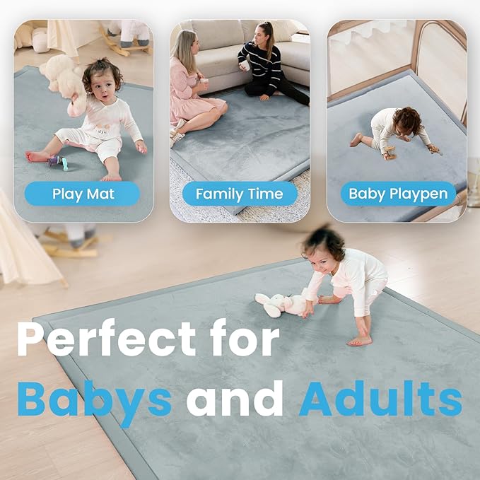 1.3" Thick Baby Play Mat for Floor Playpen, 71x79 Large Foam Tummy Time Mat, Padded Support Soft Plush Nursery Rug for Infant Kids Toddler Crawling Kick Activity (Light Grey)-CubbioJoy