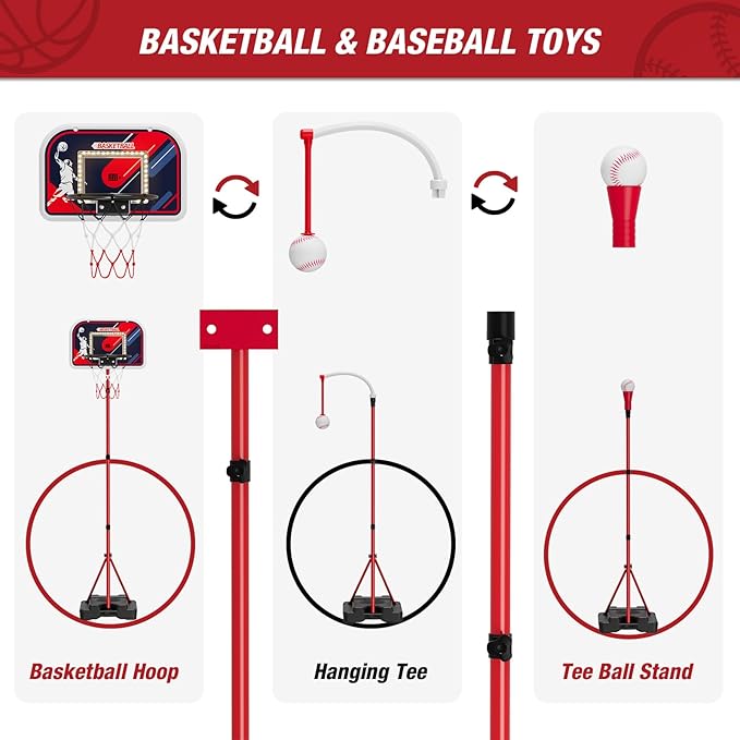 4 in 1 Kids Basketball Hoop and Tball Set for Toddlers 3-5, Basketball Goal with Scoreboard & LED, Hanging Tee Ball Stand with Baseball Pitching Machine, Indoor Outdoor Sport Toys for Boys 4-8-CubbioJoy