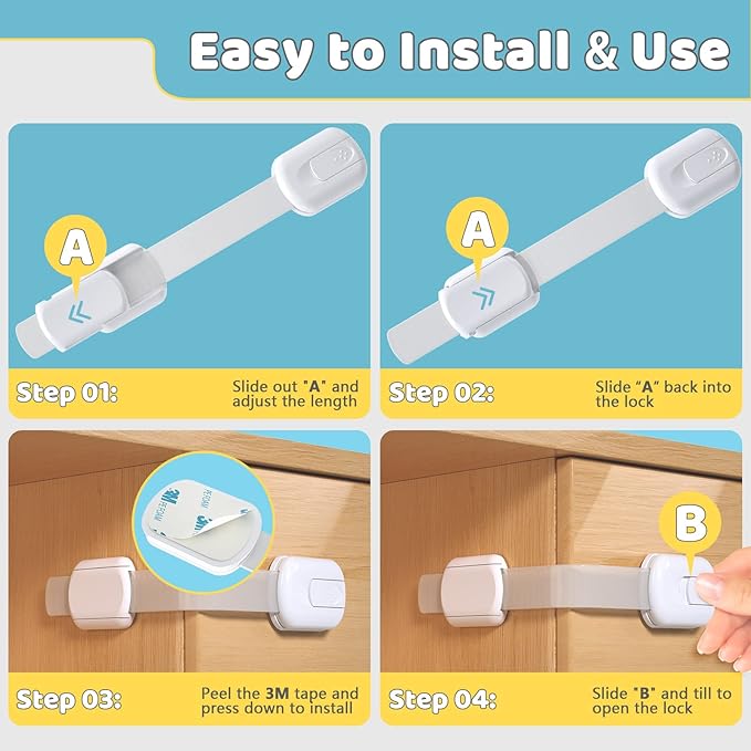 4our Kiddies Child Safety Cabinet Locks for Babies (2 Pack) Child Proof Latches for Cabinets and Drawers Doors, Baby Proofing Cabinet Strap Locks for Cupboards, Fridge, Toilet and Closet-CubbioJoy