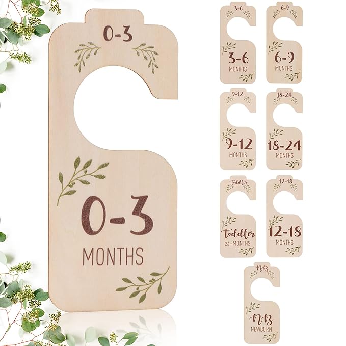 Baby Closet Dividers for Clothes Organizer - Set of 8 Beautiful Wooden Double-Sided Baby Clothes Size Hanger Organizer from Newborn to 24 Months for Boho Nursery Decor-CubbioJoy