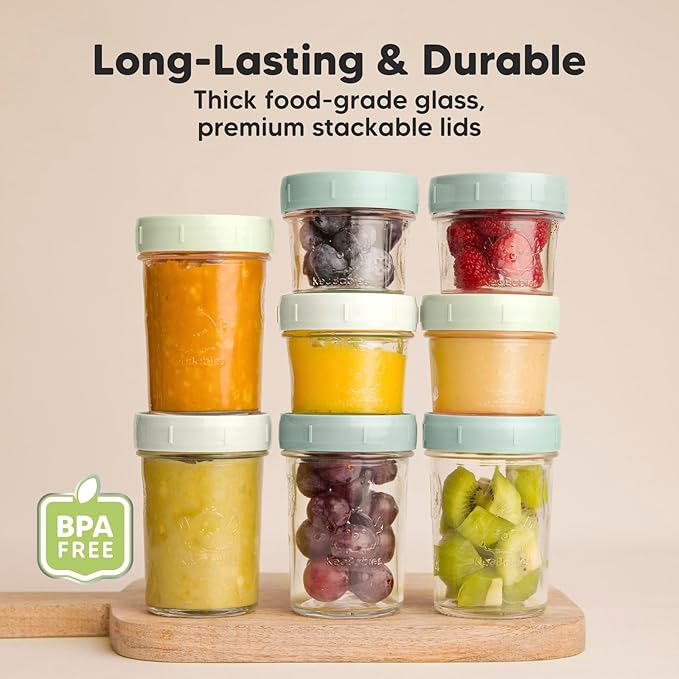 KeaBabies 4pk 8oz & 4pk 4oz Glass Baby Food Containers with Lids - Leak-Proof, Microwavable Small Glass Jars, Baby Purees & Toddler Snack Storage Containers, BPA-Free, Dishwasher & Freezer Safe(Sage)-CubbioJoy