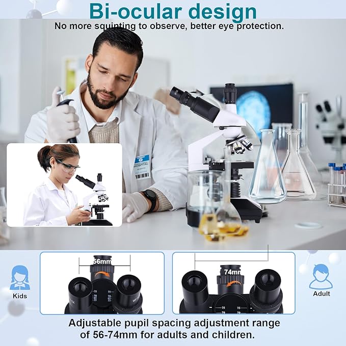 Compound Trinocular Microscope 40X-5000X Magnification, Research Grade Professional Microscope, Two Levels of Mechanical Stage LED Illumination, USB Video Camera with Microscope for Adults-CubbioJoy