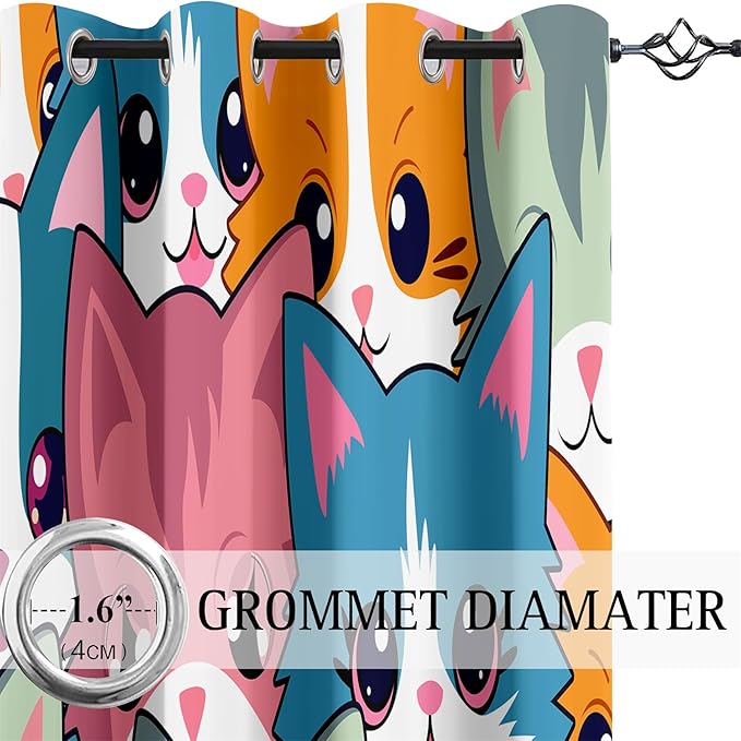 Cat Blackout Curtains for Girls - 2Pcs Cute Cartoon Cat Patterns Curtain Panels for Girls Bedroom Lovely Cats Drapes Darkening Window Curtain for Living Room Bedroom, 82" x 63"-CubbioJoy