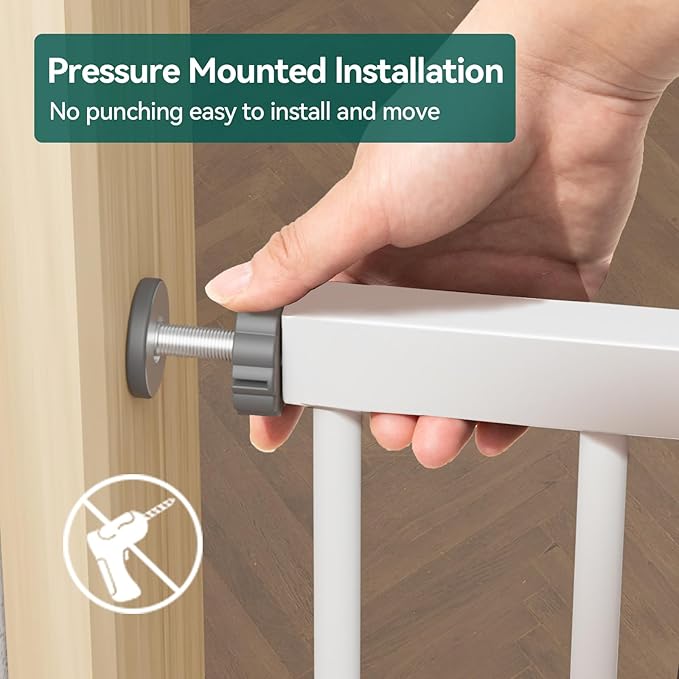 BABELIO 36" Tall Baby Gate, 29-55" Auto Close Pressure Mounted Dog Gate for Doorways & Hallway, Pressguard Basics Easy Walk Thru Pet Gate, Extra Wide Metal Child Gate, White-CubbioJoy