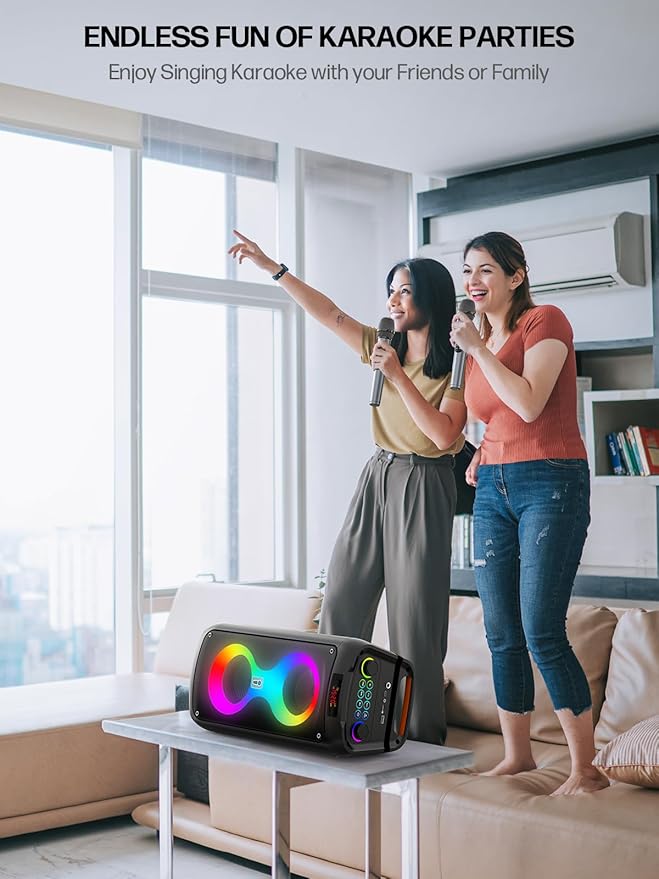 Karaoke Machine for Adults, Portable Bluetooth Speaker with 2 Wireless Microphones, PA System with Disco Lights for Big Party, Outdoor, Supports USB/TF/REC/FM/AUX, Ideal Gifts for Family, Music Lover-CubbioJoy