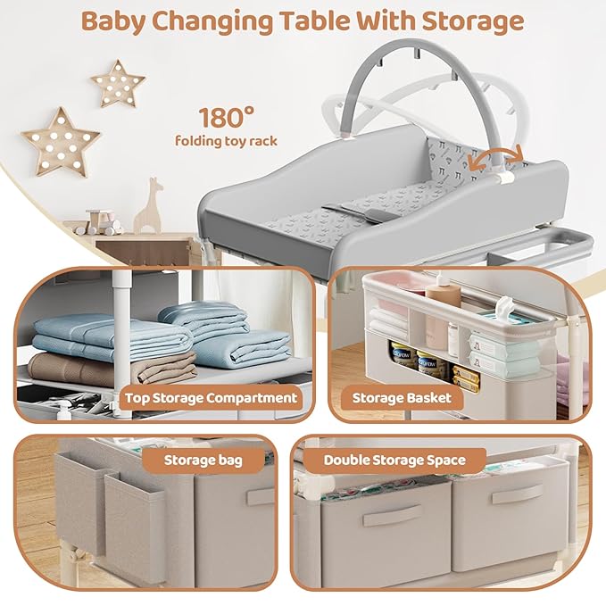 Baby Changing Table, Versatile Folding Changing Table with 2 Drawers, Portable Baby Diaper Changing Station with Toy Holder, Adjustable Height Mobile Nursery Diaper for Infant and Newborn-CubbioJoy