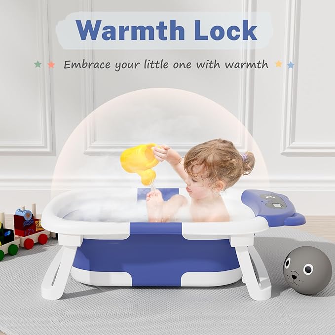 AVIDOR Baby Bathtub,Collapsible Bathtub for Newborn to Toddler,Durable Essential Infant Bath Tub,Portable Travel Baby Bathtub with Soft Cushion,No-Slip Hanging and Detachable Bathtub(Navy Blue)-CubbioJoy