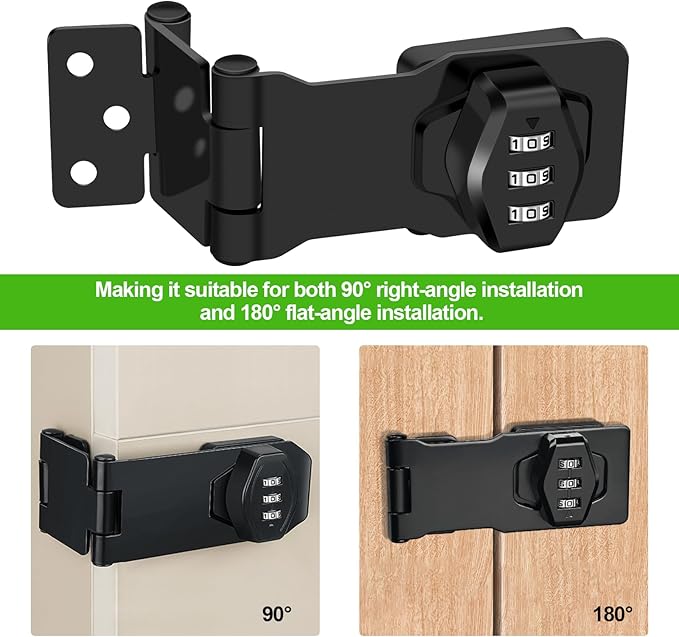 1 Pack Password Rotary Hasp Locks, Collapsible Solid 304 Stainless Steel File Cabinet Lock Desk Drawer Lock, for 90 Degree and 180 Degree Drawers, Dabinets, Doors, Flip Barn Door, Outdoor (Black)-CubbioJoy