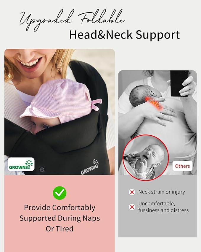 GROWNSY Baby Carrier Newborn to Toddler, Cozy Baby Wraps Carrier, Ergonomic Baby Carrier with Head Support, Black-CubbioJoy