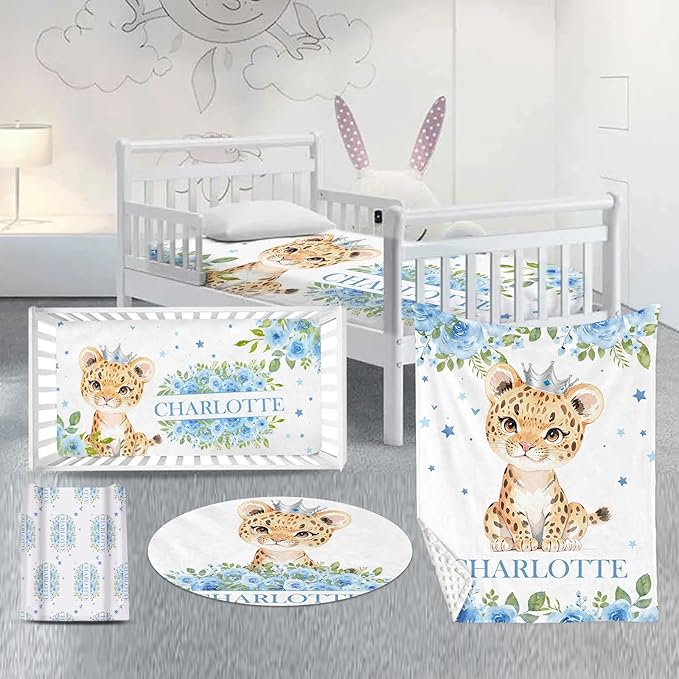 Custom Nursery Crib Bedding Set: Personalized Name 4 Piece Blue Floral Leopard Design Baby Crib Sets for Baby Girls - Toddler Double Layer Blanket Set, Comfortable Crib Bed Sheets for Baby Toddlers-CubbioJoy