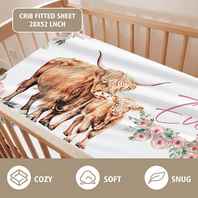 Custom Name Crib Bedding Set - Highland Cow Design, Personalized Floral Nursery Bedding 3-Piece Set– Soft Blanket, Fitted Sheet, Changing Pad Cover – for Newborns Girls Nursery Gifts-CubbioJoy