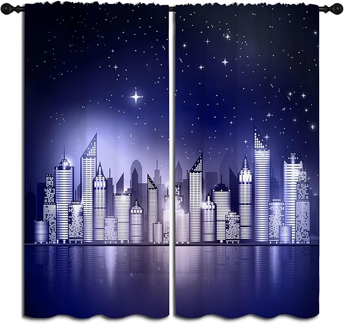 City Rod Pocket Blackout Curtains for Boy Girl Bedroom, New York Skyline Modern City Starry Sky Night View Thermal Insulated Home Window Drapes for Living Room Darkening, 55x63 inch-CubbioJoy