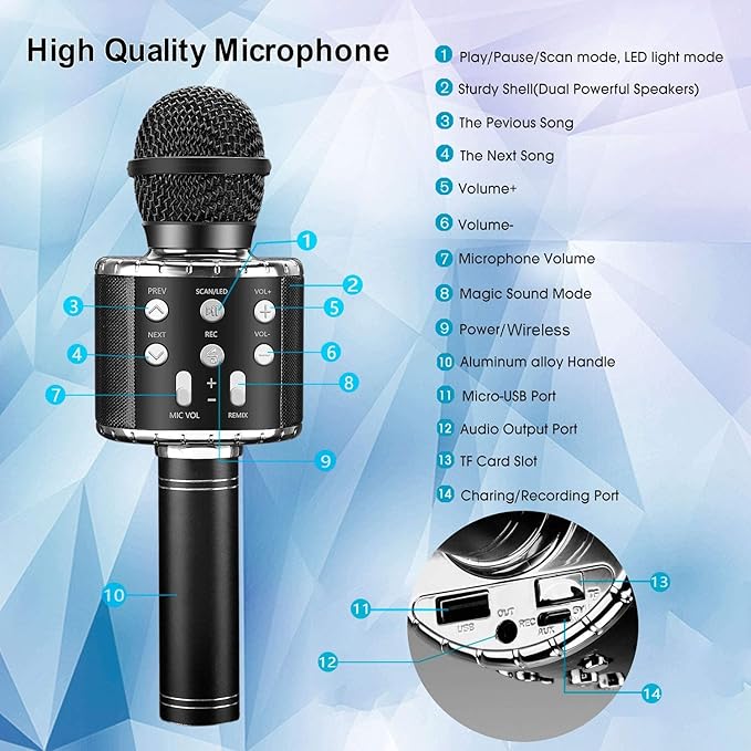 BlueFire 4 in 1 Karaoke Wireless Microphone with LED Lights, Portable Microphone for Kids, Great Gifts Toys for Kids, Girls, Boys and Adults (Black)-CubbioJoy