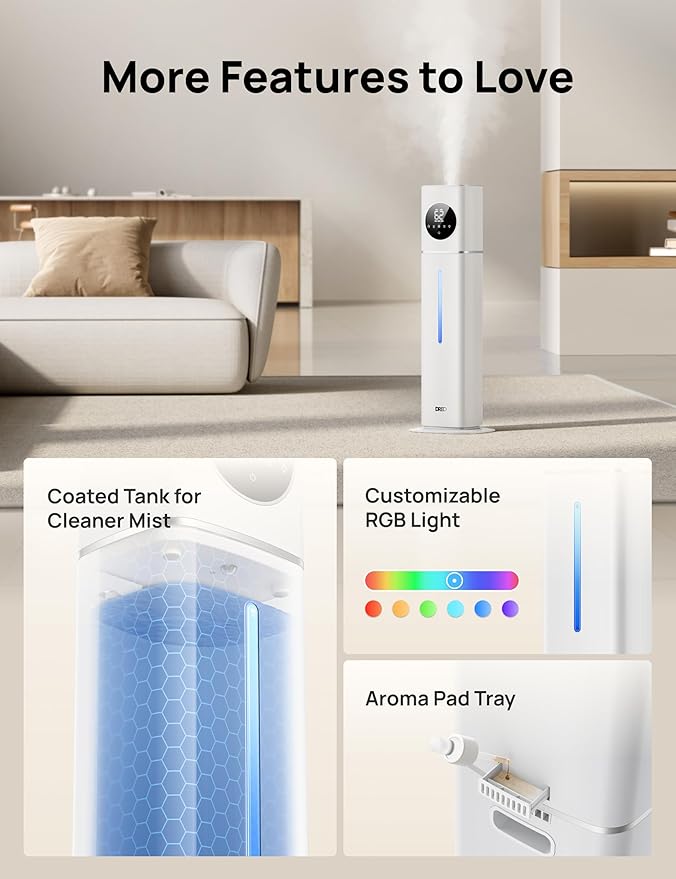 Dreo 11L Smart Humidifier Large Room 700 ft², 100H Cool Mist Air Humidifiers for Bedroom, Top-Fill Self-Cleaning Tank, 26dB, Auto Mode, Aroma Box, RGB Light, Remote & APP Control, Baby, Plant, Silver-CubbioJoy