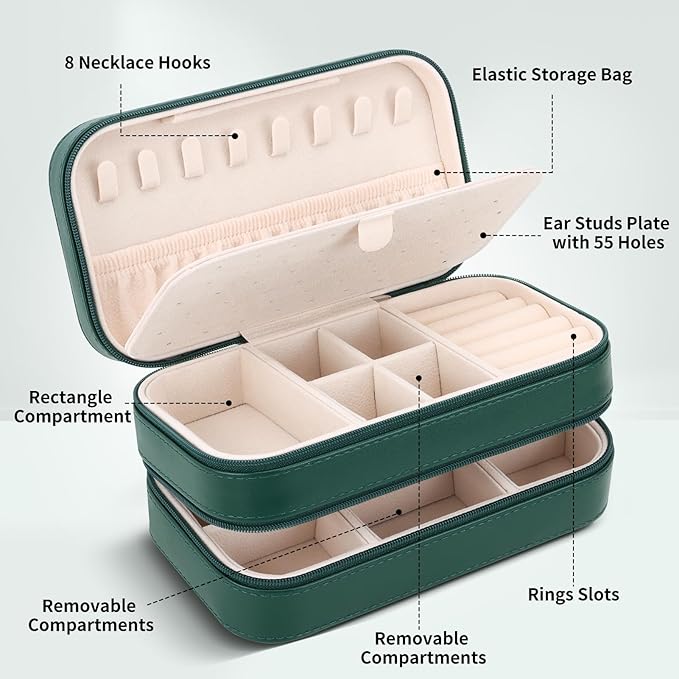 DesignSter Small Travel Jewelry Box with Double Zipper, 2 Layers PU Portable Jewelry Case for Women and Girls,Travel Jewelry Organizer for Rings, Earrings, Necklaces, Bracelets,Dark green-CubbioJoy