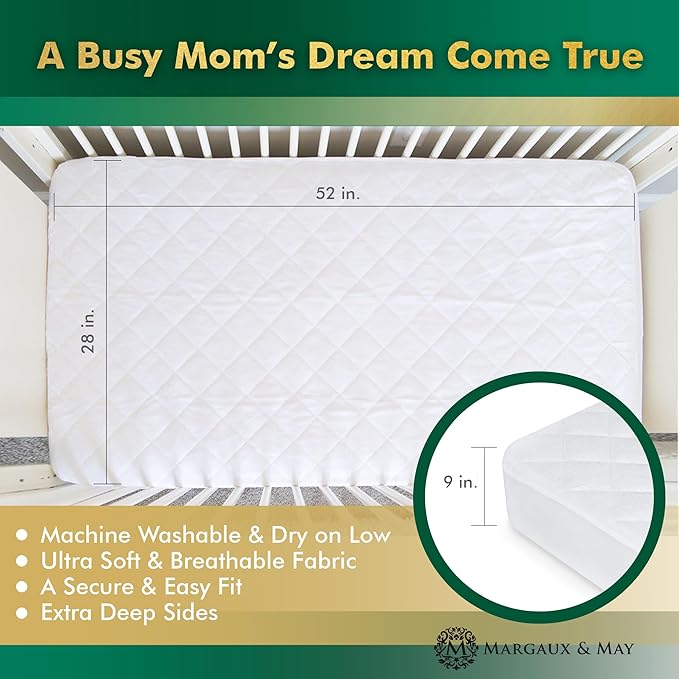 Crib Mattress Protector Pad 2 Pack - Ultra-Soft Waterproof Breathable Premium Bamboo Rayon - Noiseless Fitted Dryer Safe Cover for Crib. High Absorbency Oeko-TEX Certified MARGAUX & MAY-CubbioJoy