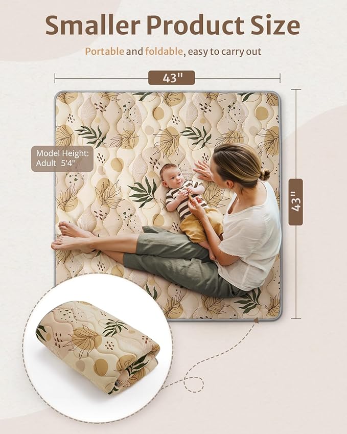 Blissful Diary Portable Baby Play Mats for Floor, Thick Cushioned Foldable Baby Crawling Mat for Indoor Outdoor, Non-Slip & Washable Kids Playmat for Tummy Time Activity, Earth Tones 43" X 43"-CubbioJoy