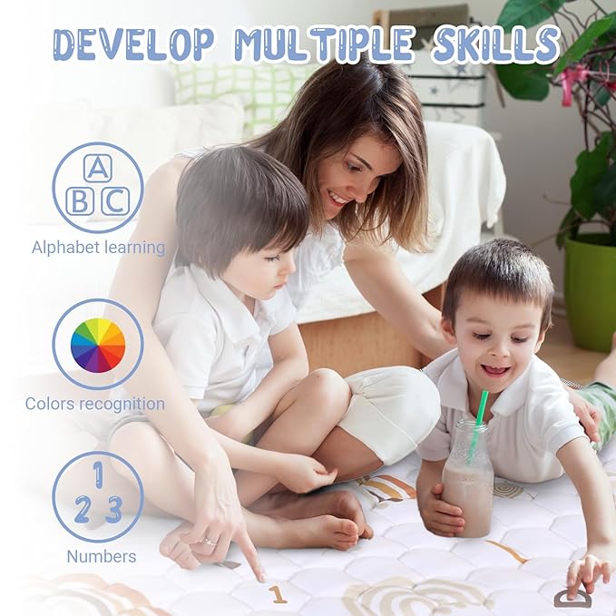 Boho Rainbow Baby Play Mat 50" X 50" Playpen Mat Thicken One-Piece Baby Crawling Mat Non-Slip Cushioned Baby Floor Mat Activity Playmats for Infants, Babies, Toddlers (50X50, Letters+Number)-CubbioJoy