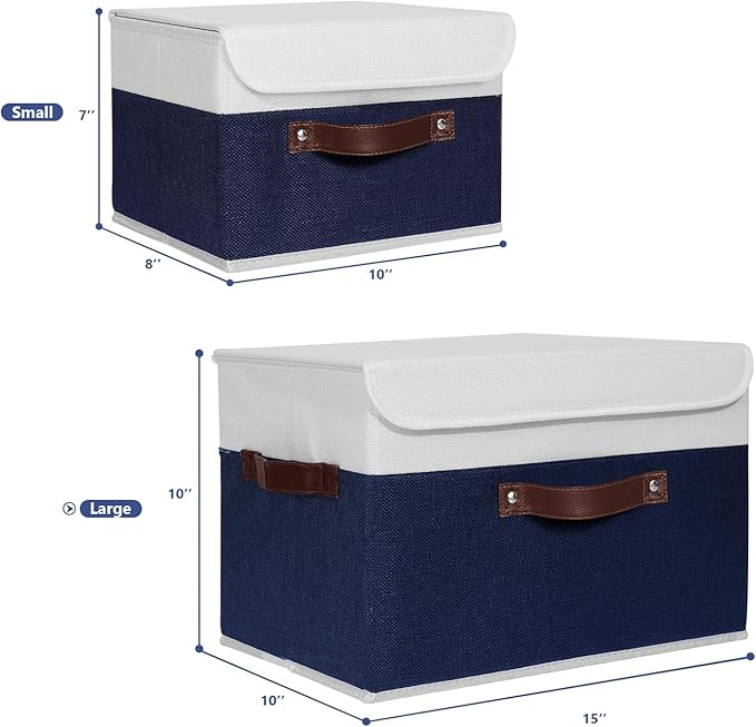 ANMINY Storage Boxes with Lids Washable Decorative Storage Bins Basket with PU Leather Handle Foldable Linen Fabric Storage Cubes Containers for Home Closet Organizer - Deep Blue White, Large Size-CubbioJoy