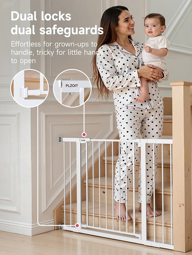 Baby Gate for Stairs, 30'' Tall 29.5-46" Extra Wide Dog Gate for Stairs Walk Thru Auto Close Metal Pet Gate for The House, Stairs and Doorways Child Gate Pressure Mounted Safety Gate Indoor - White-CubbioJoy