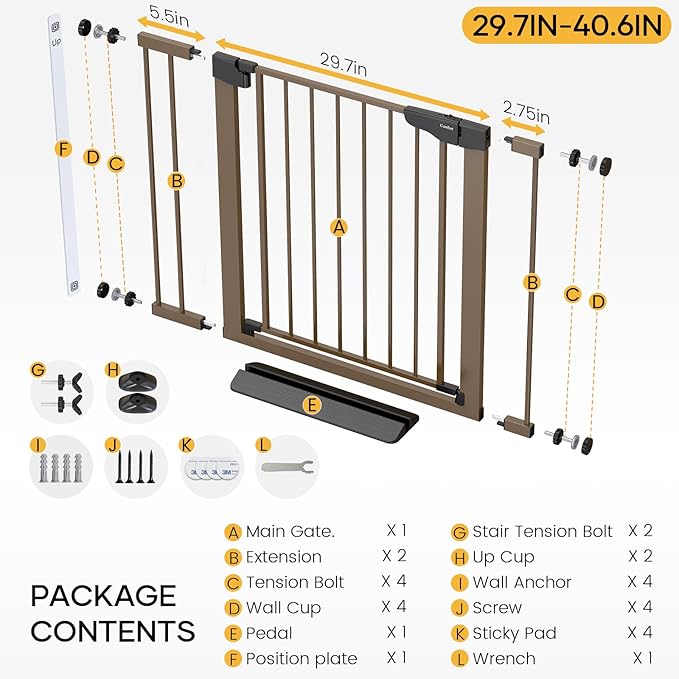 Cumbor 29.7-40.6" Baby Gate for Stairs, Mom's Choice Awards Winner-Dog Gate for Doorways, Pressure Mounted Self Closing Pet Gates for Dogs Indoor, Durable Safety Child Gate with Easy Walk Thru Door-CubbioJoy