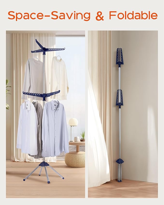 Clothes Drying Rack Foldable, 74.8 inch 2 Tier Laundry Drying Rack with Rotating Clothes Rail for 54 Pieces of Clothes, Space Saving, Indoor, Stainless Steel, Blue and Silver CDR002Q01-CubbioJoy