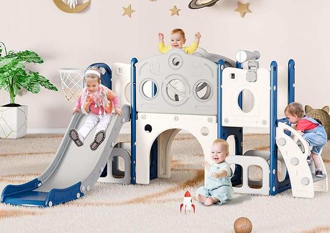 Babytronic Toddler Slide Set, 8 in 1 Kids Slide, Indoor Outdoor Slide for Toddlers Age 1-3, Toddler Playset with Basketball Hoop and Tunnel, Toddler Indoor Outdoor Playground, Blue&Grey-CubbioJoy