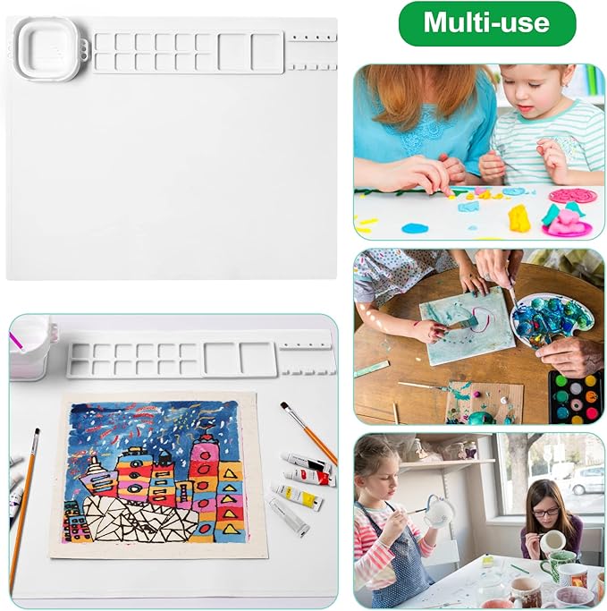 AWOKE Silicone Painting Mat - 20"X16" Silicone Art Mat with 1 Water Cup for Kids - Craft Mat has12 Color Dividers - 2 Paint Dividers (White),Toddler Activities,3 4 5 Year Old Girl Boy Birthday Gifts-CubbioJoy