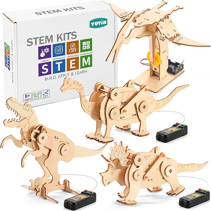 Dinosaur STEM Kits for Kids Ages 6-8-10-12, 4 in 1 Wood Building Toys for Boys Age 8-12, Build It Yourself Woodworking Kit, DIY 3D Wooden Puzzles Model Science Crafts for Kids, Stem Projects-CubbioJoy