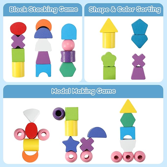 3 in 1 Montessori Wooden Beads Sequencing Toy Set - Color Sorting Stacking Geometric Shape Matching Game Beads Sequencing Toy Lacing Beads Stem Fine Motor Skills for Toddlers-CubbioJoy