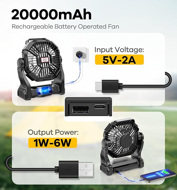 30000mAh Portable Battery Powered Camping Fan - with LED Light, Quiet Battery Operated, Camping Gear for Travel, Tent, Beach, Car or Hurricane Power Outages, Black-CubbioJoy