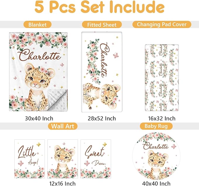 Custom Baby Crib Bedding Set, 5 Pcs Personalized Name Baby Crib Sets for Infant Toddler, Floral Leopard Nursery Bedding Set for Baby Girls, Double Layer Baby Bedding Sets Customized Gifts-CubbioJoy