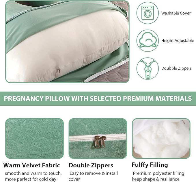 Amagoing 55 inches Pregnancy Pillows for Sleeping, U Shaped Maternity Full Body Pillow for Pregnant Women with Hip, Leg, Back, Belly Support, Washable Velvet Cover Included (Mint Green)-CubbioJoy