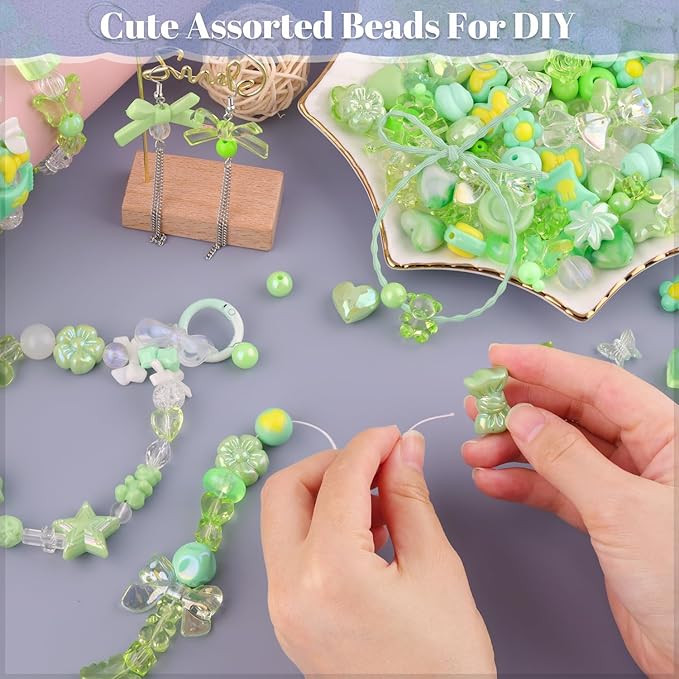 Assorted 170-230PCS Green Acrylic Beads for Bracelet Making, Flower Bow Butterfly Candy GummyBear Aesthetic Bracelet Charms,Cute Beads for Jewelry Making DIY Necklace Keychain Phone Charm-CubbioJoy