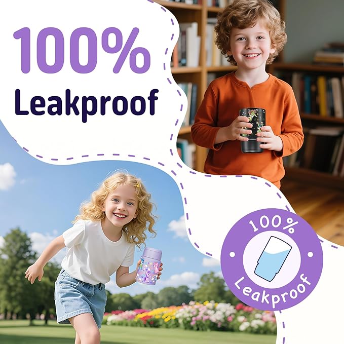 2-Pack Stainless Steel Vacuum Insulated Food Jar with Spoon, Soup Thermo Hot & Cold for Kids & Adults, Leakproof Insulated Lunch Containers with Carry Bag, 17oz.(Black-Dinosaur)-CubbioJoy