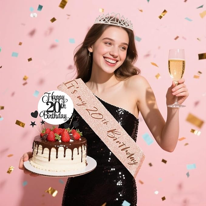 20th Birthday Decorations for Girls Women - 56pcs Rose Gold Happy 20th Banner, 20th Birthday Crown Sash, Cake Topper, Number 20 balloons, 3D Butterflies, 4 Balloon Stands kits-CubbioJoy