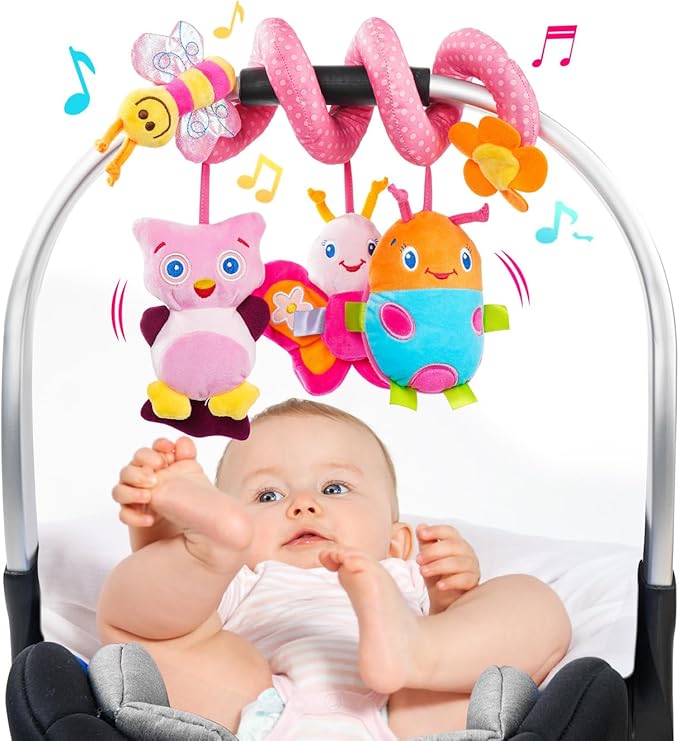 Jollybaby Baby Car Seat Stroller Toys, Plush Activity Hanging Spiral Activity Pram Crib with Music Box, Rattles, Squeaker for Babies Infant Boys Girls(Pink)-CubbioJoy